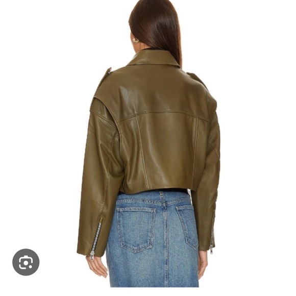 AGOLDE x SHOREDITCH SKI CLUB Cropped Leather Biker Jacket Remi Moto Olive Green - Picture 2 of 5